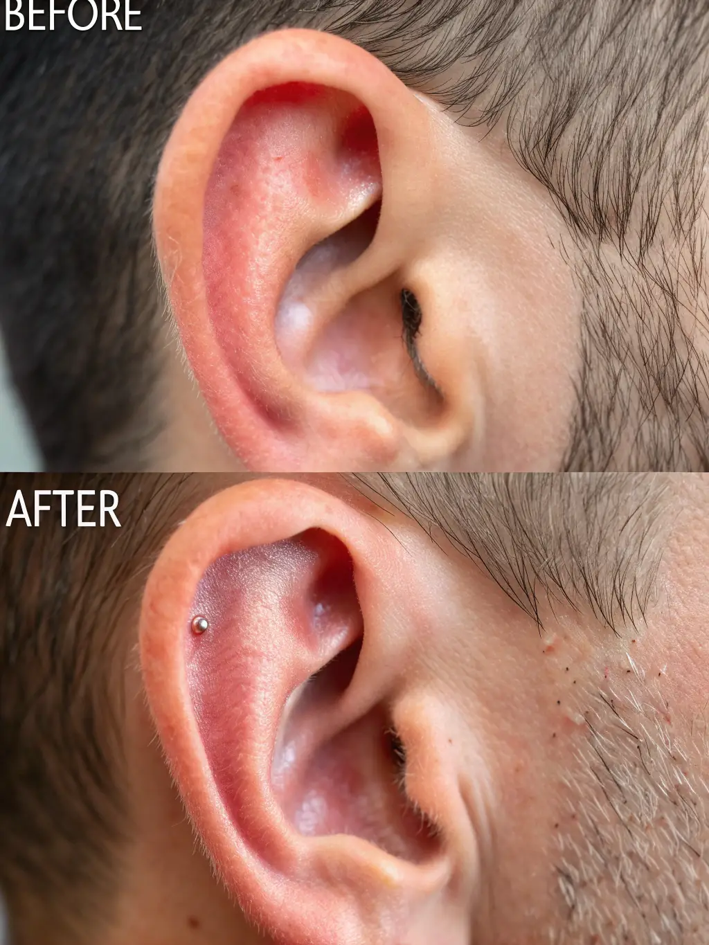 A before-and-after image demonstrating the clarity of the ear canal following a professional earwax removal service at The Listening Lounge.