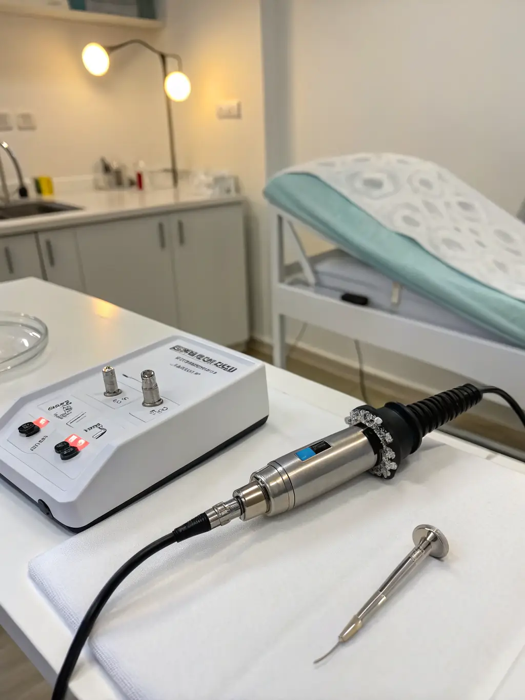 A close-up shot of the microsuction device being used by a clinician at The Listening Lounge, highlighting the precision and care involved in the procedure.